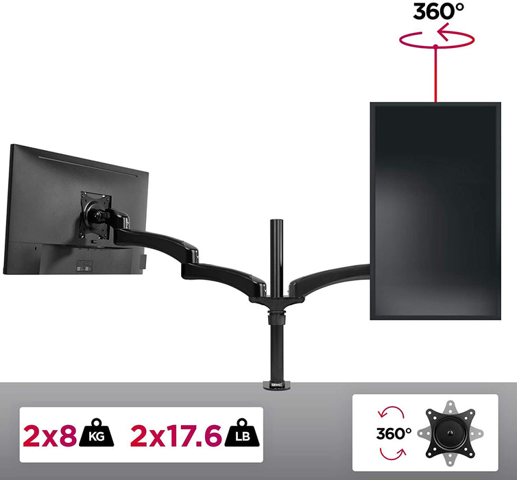 Duronic DM452 Uchwyt do dwóch monitorów 2 ekrany VESA 75 VESA 100 wieszak ramię stal nierdzewna maks 8 kg na 2 monitory 10 lat gwarancji stojak regulacja monitora czarny