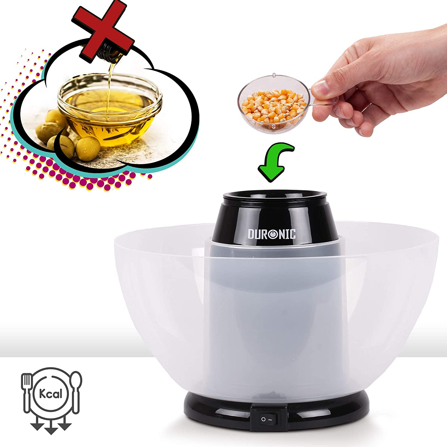 Duronic POP50 BK maszyna do popcornu automat 1200 W, do prażenia ziaren kukurydzy, wyjmowana misa, bez oleju