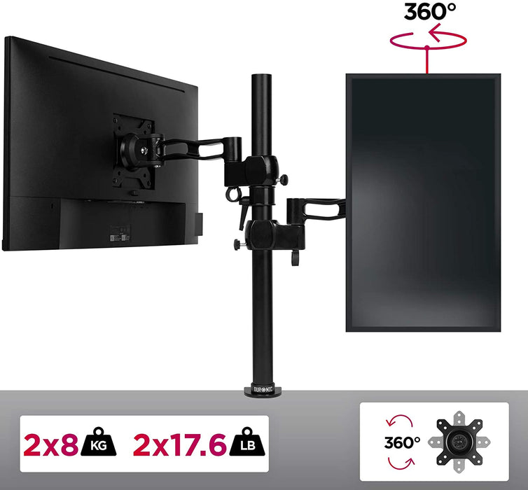 Duronic DM35V2X2 Uchwyt dwa monitory pionowo 2 x 8 VESA 75 lub 100 do 8 kg na ramię monitory 13-27 cali czarny