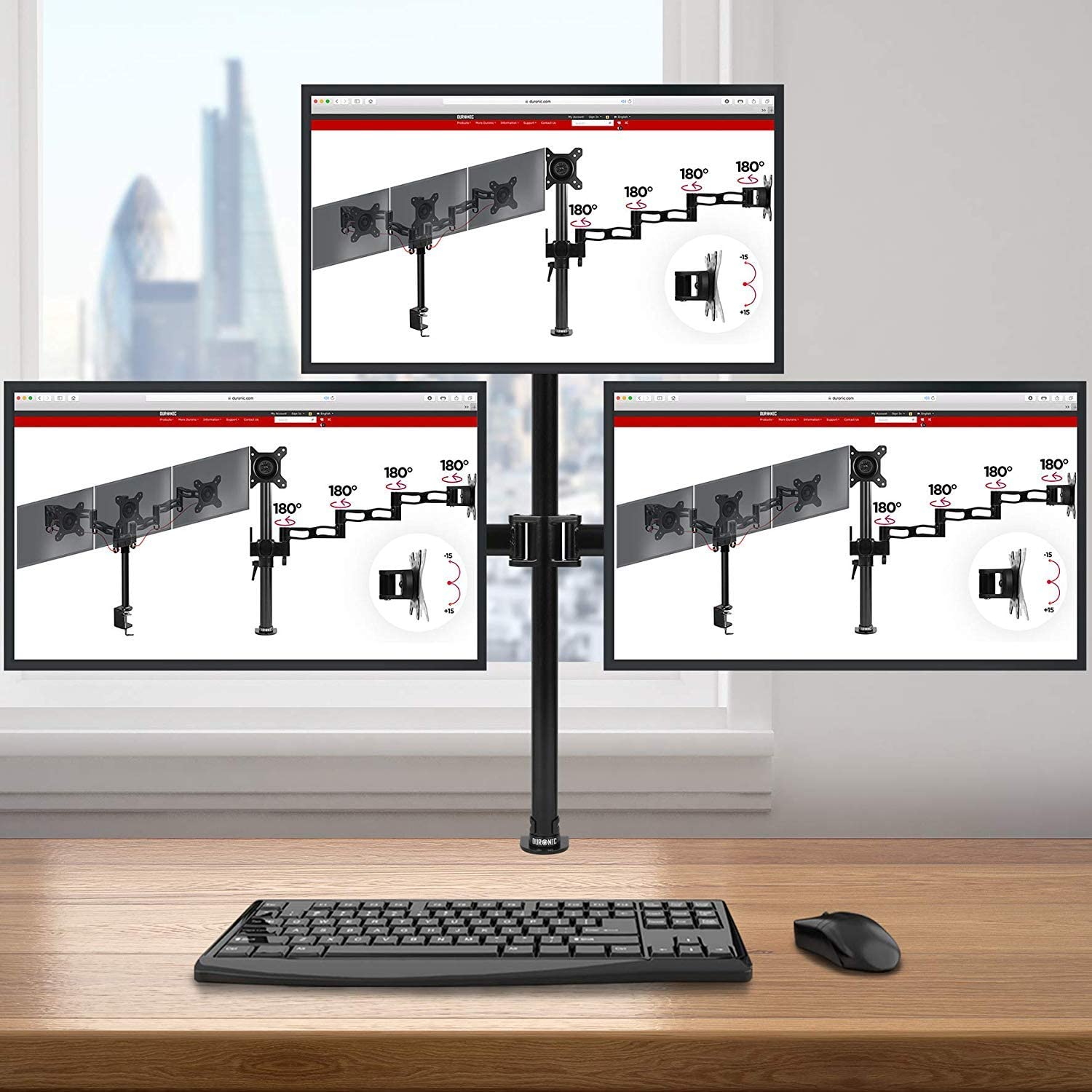 Duronic DM253 Uchwyt biurkowy do monitora 3 ekrany | VESA 75 VESA 100 | wieszak ramię | maks. 8 kg na jeden ekran | stojak 3 monitory | stalowy | regulacja monitora