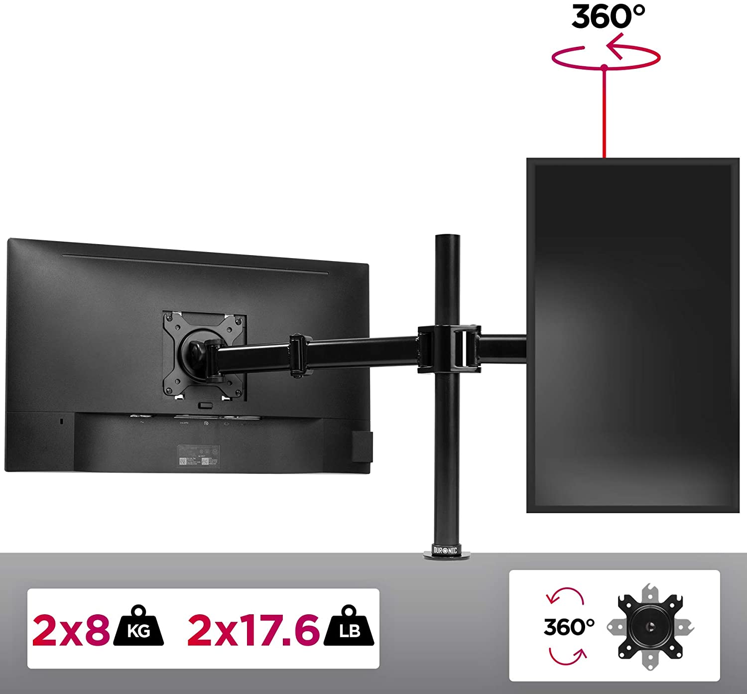 Duronic DM252 BK Uchwyt do dwóch monitorów 2 ekrany | VESA 75 VESA 100 | wieszak ramię | maks. 8 kg na jeden ekran | stojak 2 monitory | stalowy | regulacja monitora