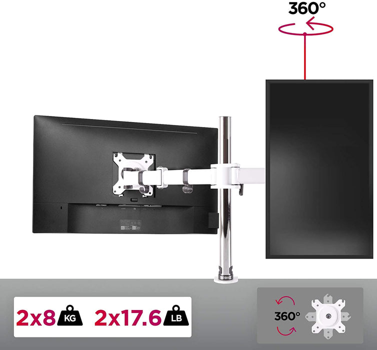 Duronic DM252 WE Uchwyt do dwóch monitorów biały | VESA 75 VESA 100 | wieszak ramię | maks. 8 kg na jeden ekran | stojak 2 monitory | stalowy | regulacja monitora