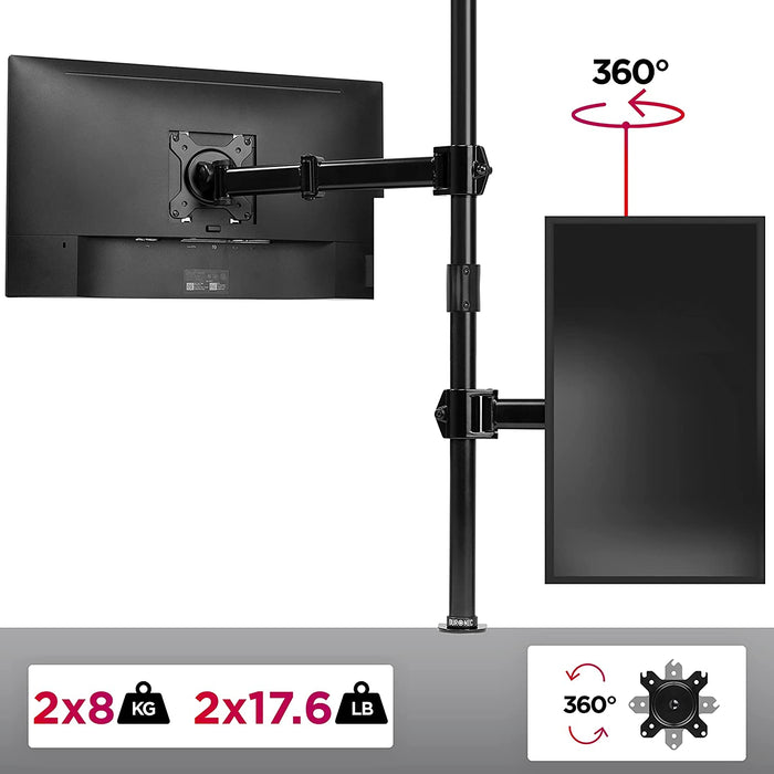 Duronic DMT252VX2 Uchwyt na dwa monitory pionowo 2 x 8kg | monitory 13-32 cali | VESA 75 lub 100 | długi słupek 100 cm | do monitorów ultrawide | regulacja kąta +90°/-35°