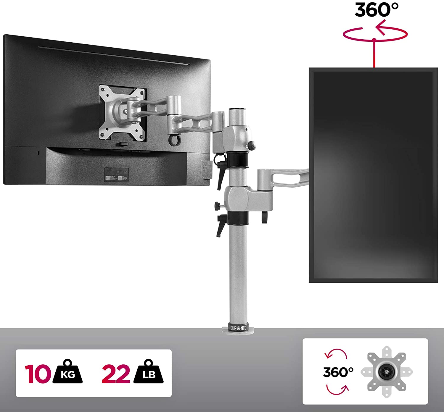 Duronic DM351X3 SR Uchwyt monitora ekranu srebrny VESA 75 lub 100 Harmonijkowy wieszak ramię maks. 10 kg na jeden ekran stojak regulacja monitora stop aluminium srebrny