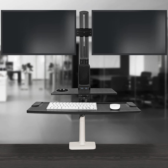 Duronic DM1K1X2 Uchwyt do 2 monitorów i klawiatury, uchwyt do pracy stojąco siedzącej ,uchwyt na dwa monitory 2x 5 kg, sprężyna gazowa, montaż biurkowy