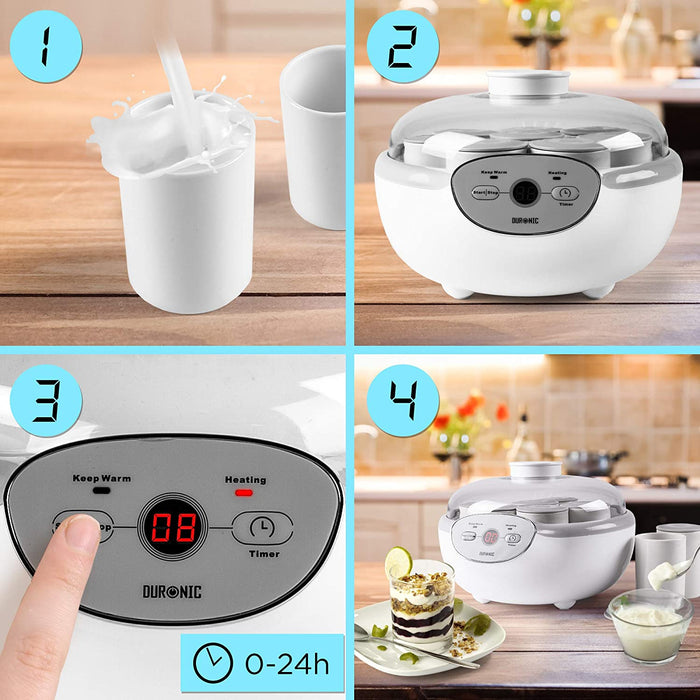 Duronic YM2 Jogurtownica automat do jogurtów 20W 1l  cyfrowy wyświetlacz domowy jogurt | wegański  jogurt