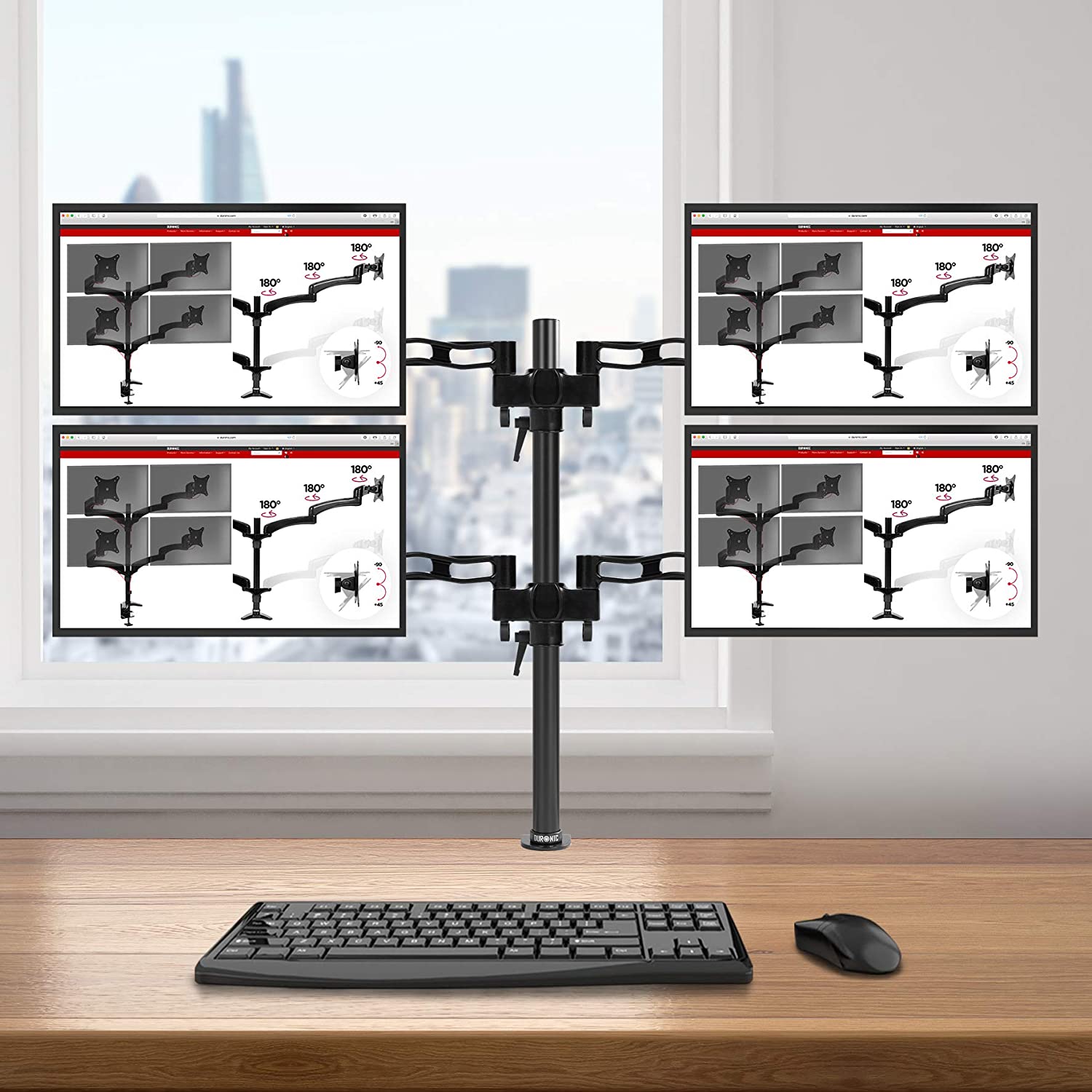 Duronic DM354 Uchwyt czterech monitorów 4 ekrany VESA 75 lub 100 uchwyt biurkowy 4 x 8 kg regulacja monitora możliwość rozbudowy